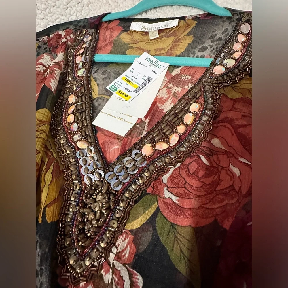 Vintage Solitaire Beaded Floral Sheer Blouse Top Animal Print Butterfly Sleeves - Picture 10 of 12
